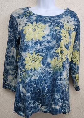 Multiples Blue Yellow Floral Print Rhinestones Top Medium Lightweight Soft Lined